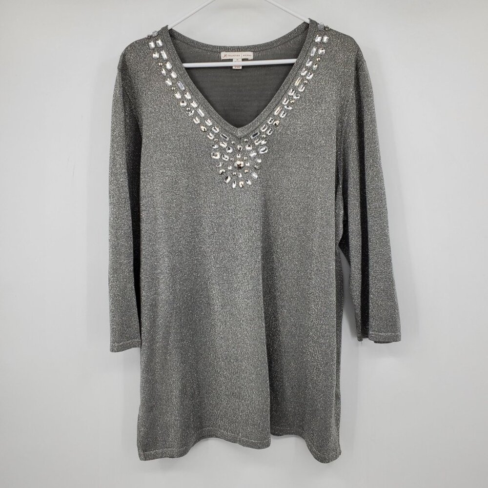 JM Collection Grey V Neck Sequin‎ 3/4 Sleeve Women's Sweater Top 3X